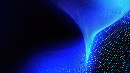 Abstract blue light waves and dots against a dark background.