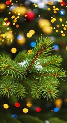 Holiday Warmth Bokeh Glow Surrounding Seasonal Festivity on Evergreen Pine Branches Close-Up