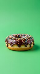 A close-up of a delicious chocolate-glazed donut with colorful sprinkles on a vibrant green background, showcasing a tempting sweet treat