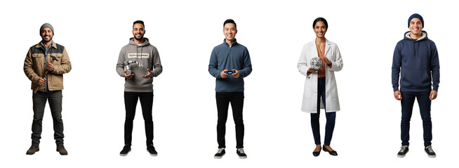 Diverse, smiling professionals: stonemason, robotics engineer, QA tester, materials scientist, university student, isolated on a transparent background. Perfect for recruitment, tech, education,