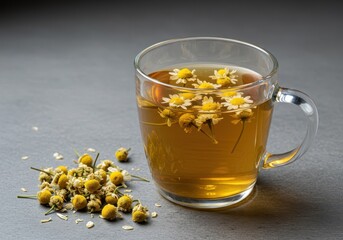 A soothing golden herbal infusion of dried chamomile flowers steeping in a transparent glass cup, emphasizing the calming flavor and gentle floral aroma ,blossoms ,comfort ,glass