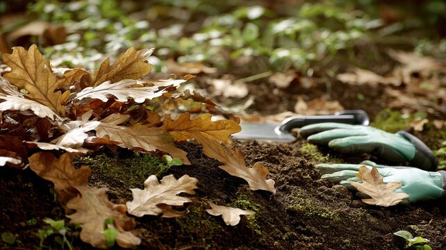 Gardening gloves and trowel, on soil with autumn oak leaves and moss in a garden, close - up