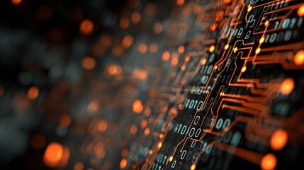 Abstract digital circuit board with binary code and glowing orange lights.