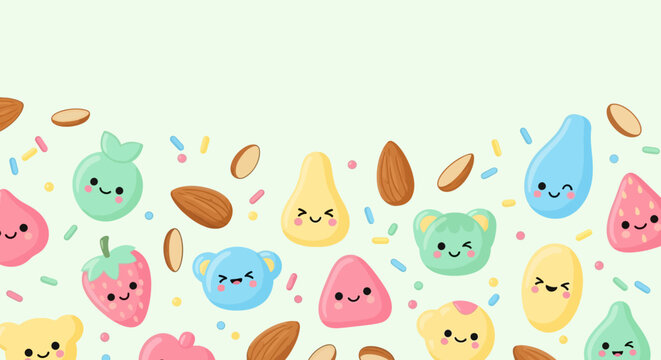 A playful border design featuring kawaii characters of almonds, strawberries, and colorful candies with happy faces on a light green background.