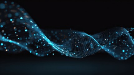 Abstract blue light waves with glowing particles against dark background