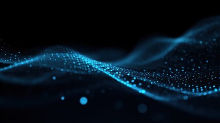 Abstract glowing blue particles form a wavy digital data stream background.