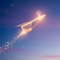 A digital illustration of a paper airplane soaring through a starry sky with a glowing light bulb at its tip symbolizing innovation and creativity