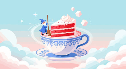 A whimsically magical afternoon tea scene with a wizard and red velvet cake