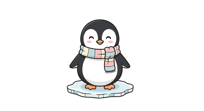 Adorable cartoon penguin wearing a pastel striped scarf standing on a small patch of snow, designed in a kawaii sticker style on a white background.