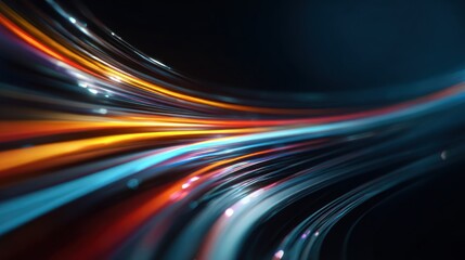 Abstract light trails curve across a dark background in motion blur.