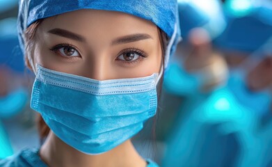 a female doctor wearing blue scrubs and a surgical cap, with a mask covering her mouth, in an operating room.