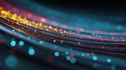 Abstract light streaks and bokeh circles in dark blue and yellow tones.