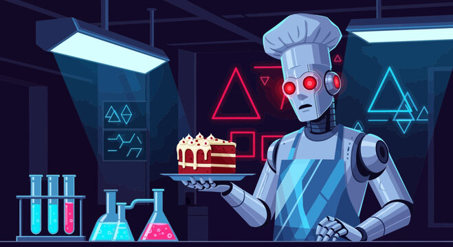 Futuristic pastry chef robot presents cake in digital laboratory setting
