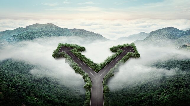 Y - shaped road with arrow - like paths, amidst misty green mountains and clouds, aerial view