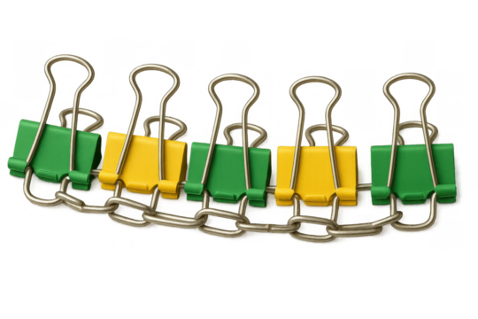 Binder clips connected by a metal chain, showing teamwork, collaboration, security, and strong working together concept