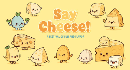 Playful yellow banner featuring adorable cartoon cheese characters with faces and limbs surrounding the text "Say Cheese!".
