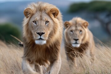 a lion running away from another male, in the grasslands of maasai mara