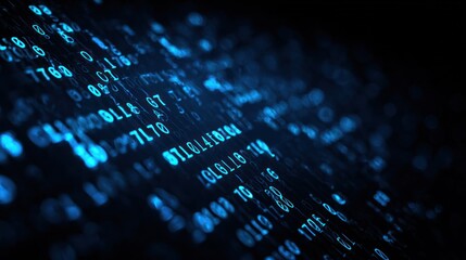 Abstract blue glowing binary code flowing diagonally on a dark background.