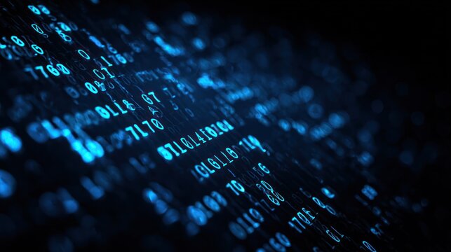 Abstract blue glowing binary code flowing diagonally on a dark background. - Powered by Adobe