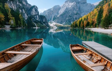 lake braies in the dolomites, italy, with small wooden boats on it and mountains reflecting on its surface