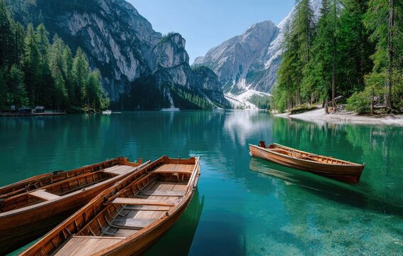 a serene lake surrounded by towering mountains, reflecting the surrounding nature in its clear waters with small wooden boats docked at one side