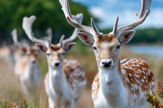 in the green grass of the dutch landscape, a herd of fallow deer walk across an open field on their way to rest in the summer.