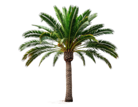 Single palm tree with green leaves and brown trunk isolated on a white background.