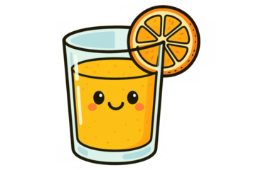Kawaii fresh orange juice character in a glass with a citrus slice, smiling cute cartoon mascot design for healthy drinks