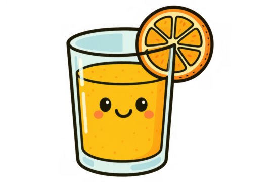 Kawaii fresh orange juice character in a glass with a citrus slice, smiling cute cartoon mascot design for healthy drinks