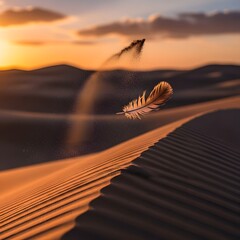 A solitary feather floating above the rippled sand dunes during a vibrant sunset with a colorful sky in the background