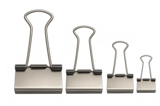 Binder clips of varying sizes arranged in a row, metallic office stationery for document organization, transparent background - Powered by Adobe