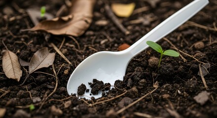 Close-up of a white plastic spoon resting on dark soil with small green sprout and dried leaves, symbolizing growth and nature in an outdoor environment