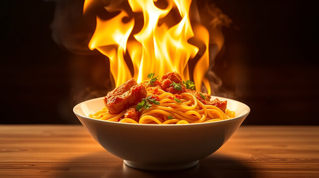 a surreal and vibrant cinematic photo of a modern flat logo of steaming chicken noodles in a sleek white bowl with intense dramatic flames erupting on top, set against a simple yet bold and stylish co