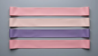 A collection of colorful pastel resistance loop bands for fitness, exercise, and strength training arranged on a gray surface