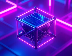 A futuristic, glowing cube-like structure surrounded by neon pink and blue lines in a tech setting