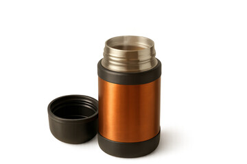 Insulated orange food jar keeping meals hot or cold, open with lid on a transparent background