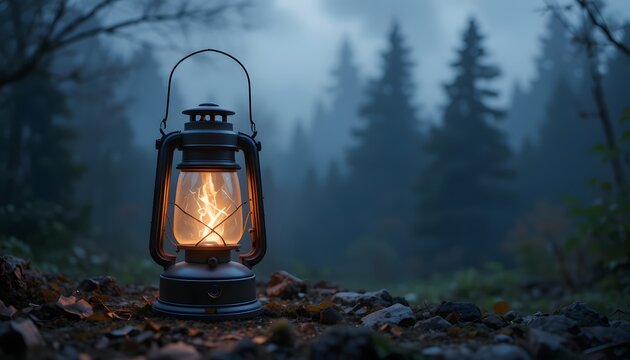 A vintage oil lantern casts a warm, inviting glow on a damp forest path, piercing through the dense, atmospheric mist as twilight settles over the tranquil woodland scene - Powered by Adobe