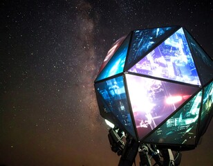 A futuristic, polygonal structure with embedded screens glows against a starry night sky