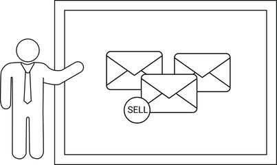 A presenter gestures to three mail envelopes with SELL label set within a bordered frame