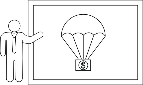 A presenter points to a whiteboard with an image of money descending via parachute
