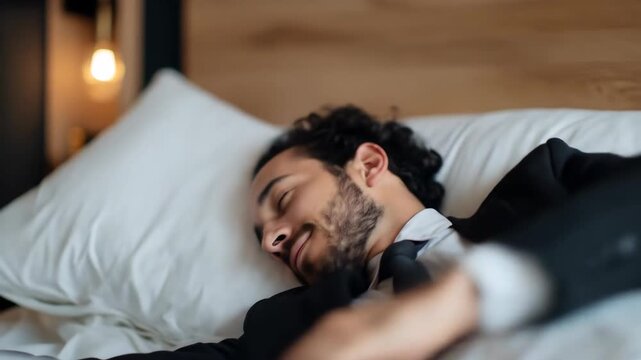 Man in suit relaxing in bed with rose flower close up