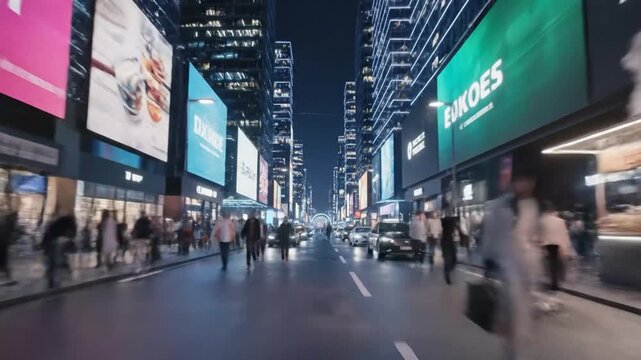 Futuristic City Street: Neon Lights, Pedestrians, and Dynamic Urban Scene