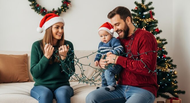 Funny family with baby tangled in Christmas lights, laughing and celebrating together. Humorous holiday chaos and festive fun in cozy home. For greeting card, advertising, family lifestyle content.