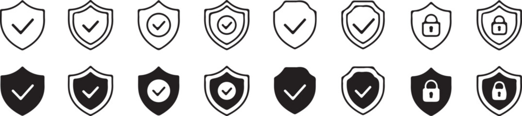 Security Shield Icon Set - Protection, Cyber Safety, and Verified Checkmark Line and Solid Vector Symbols
