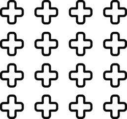 Obraz premium Sixteen black plus sign icons arranged in a 4x4 grid on a white background , plus, sign, icon, symbol, cross, 