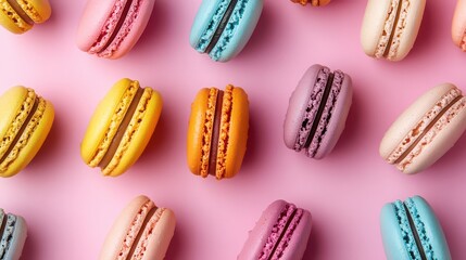 Colorful macarons on a pink background arranged in a visually appealing pattern
