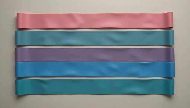 Five distinct pastel-hued resistance bands, perfect for comprehensive physical training, stretching, and enhancing muscle strength and flexibility in any workout setting - Powered by Adobe