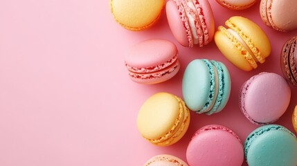 A variety of colorful macarons on a pink background in a topdown shot