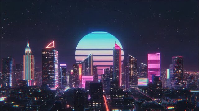 Retro Glitch Cityscape Night　星空とビル、レトログリッチなネオンカラーの夜の都市景観　動画