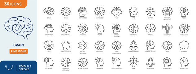 Brain line editable icon set. Containing mind, brain, thinking, mental health, intelligence, smart, cognition, and more. Editable stroke. Vector illustration